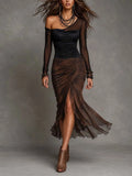 Romantic Bohemian Asymmetrical Mesh Ruched Paneled High Slit Midi Dress