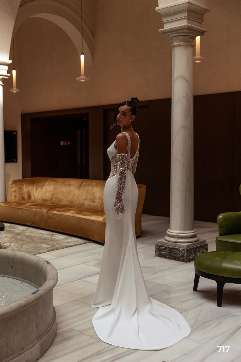 Mermaid wedding dress 717, Cathedral wedding dress, Lace wedding dress, Detachable sleeves wedding dress, 3/4 sleeves wedding dress