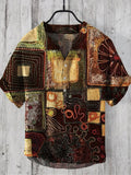 Vintage Patchwork Fabric Embroidered Art Men's Linen V-neck Shirt