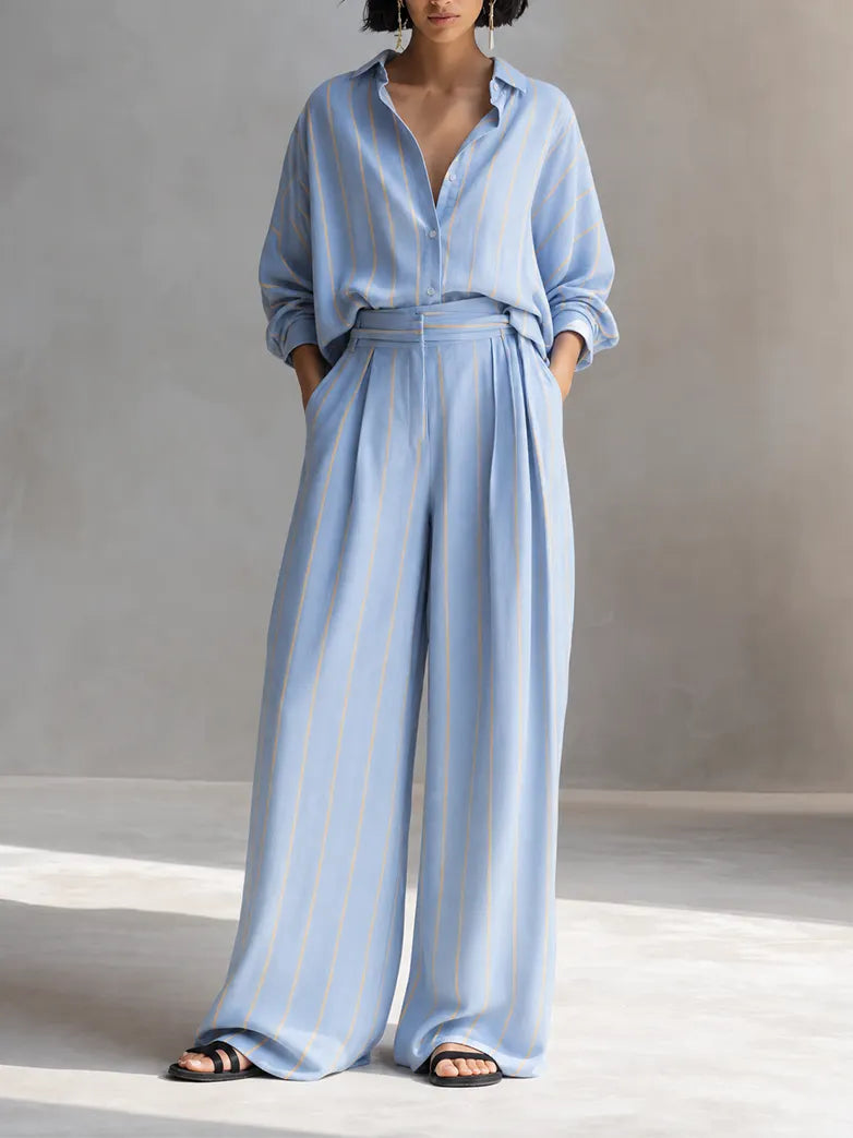 Women's Relaxed Light Blue Linen Blend Striped Collared Button-Front Long Sleeve Oversized Shirt And High-Waist Wide-Leg Pants Two-Piece Set MDZ1369G6ZSQ