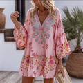 Bohemian Style Rose Pattern Design With Sparkles V-neck Woman's Dress