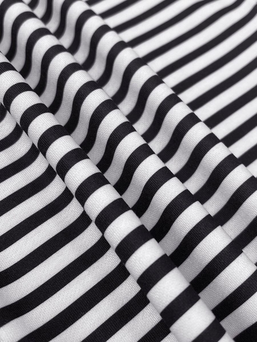 Loose Three-Quarter Sleeves Figure Printed Split-Joint Striped Stand Collar T-Shirts