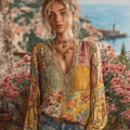 Bohème Patchwork Floral Retro Linen Top