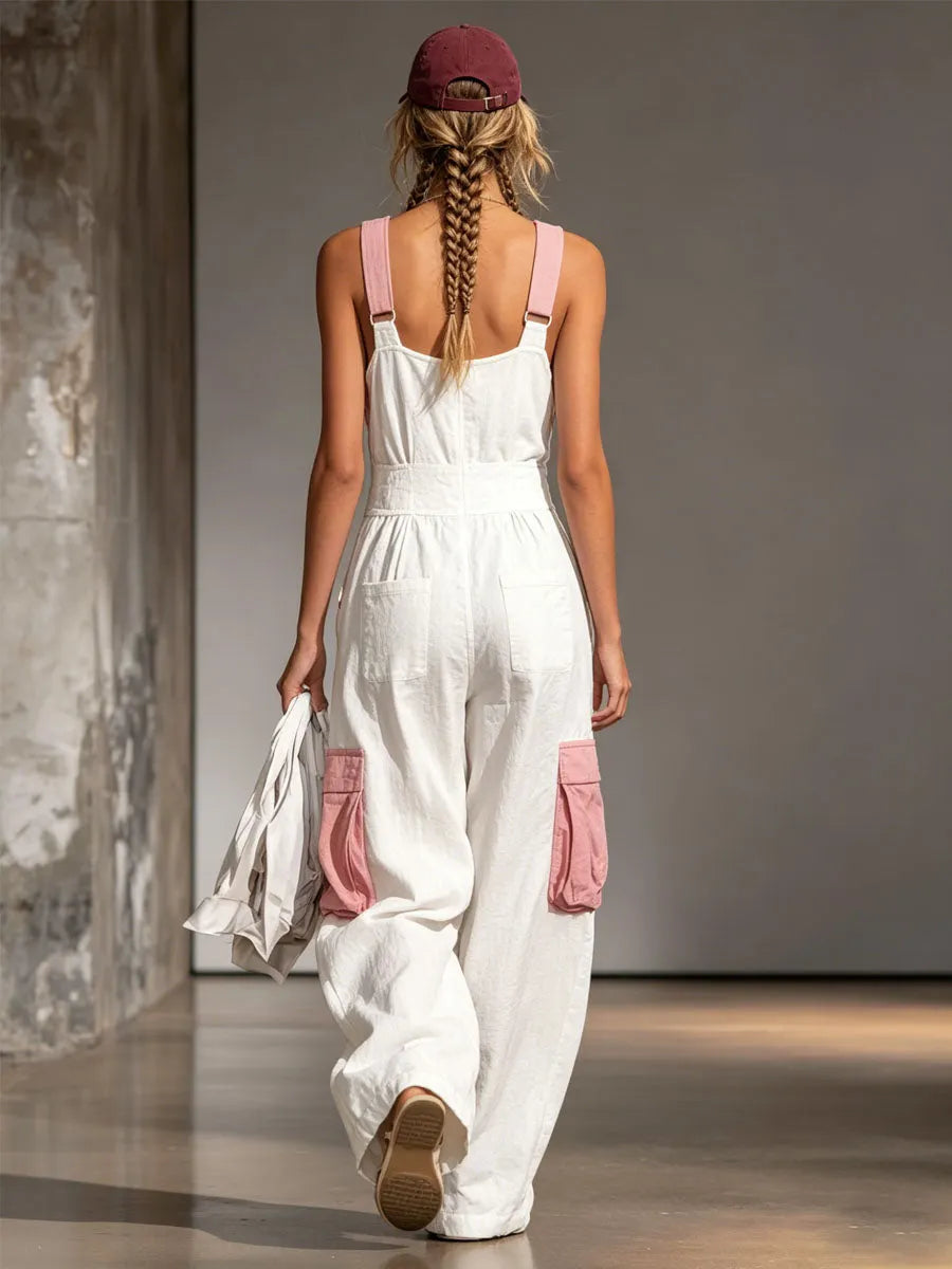 Color-blocked Wide-strap Sleeveless Multi-pocket Jumpsuit