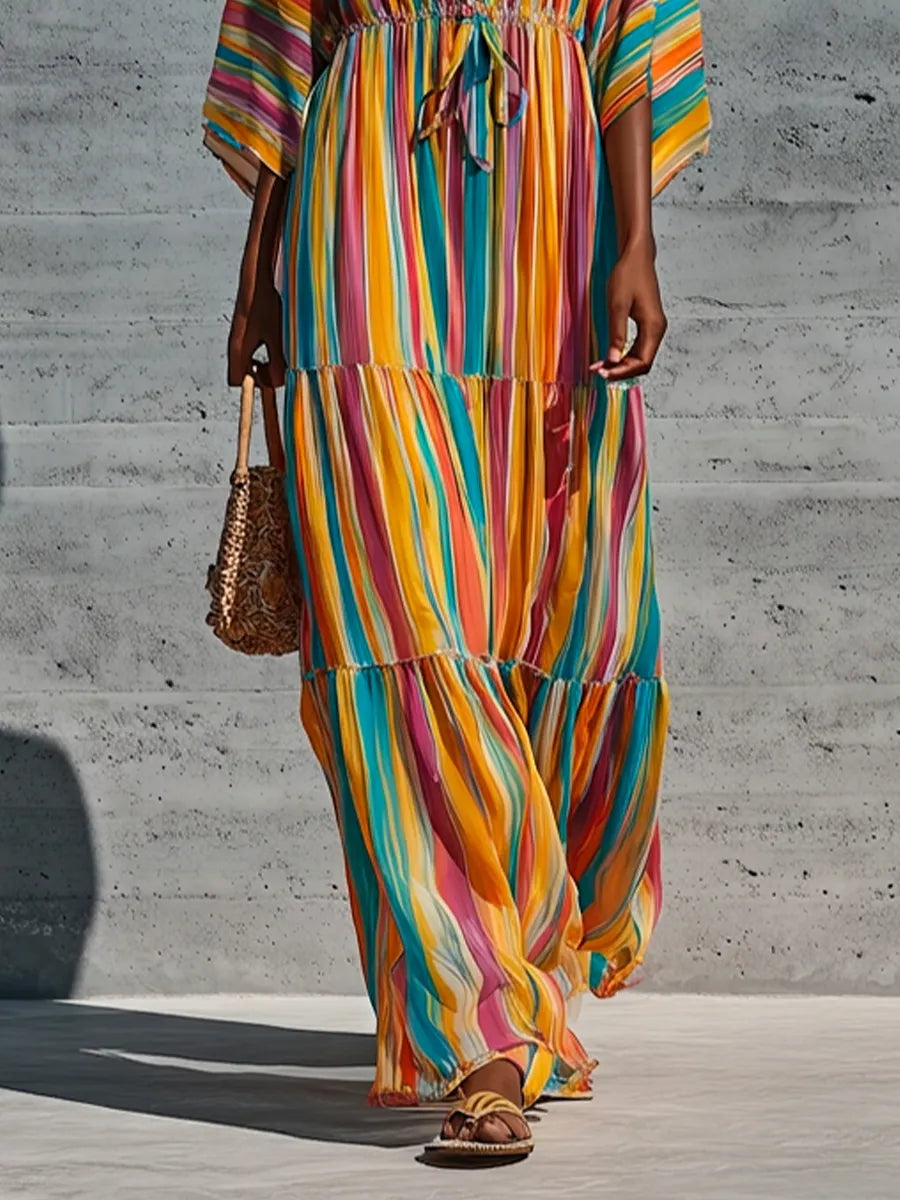 Women’s Rainbow Vertical Stripe Chiffon Stand Collar Half Button Kimono Sleeve Drawstring Waist Tiered Ruffle Maxi Dress MDZ0757G3YZJ