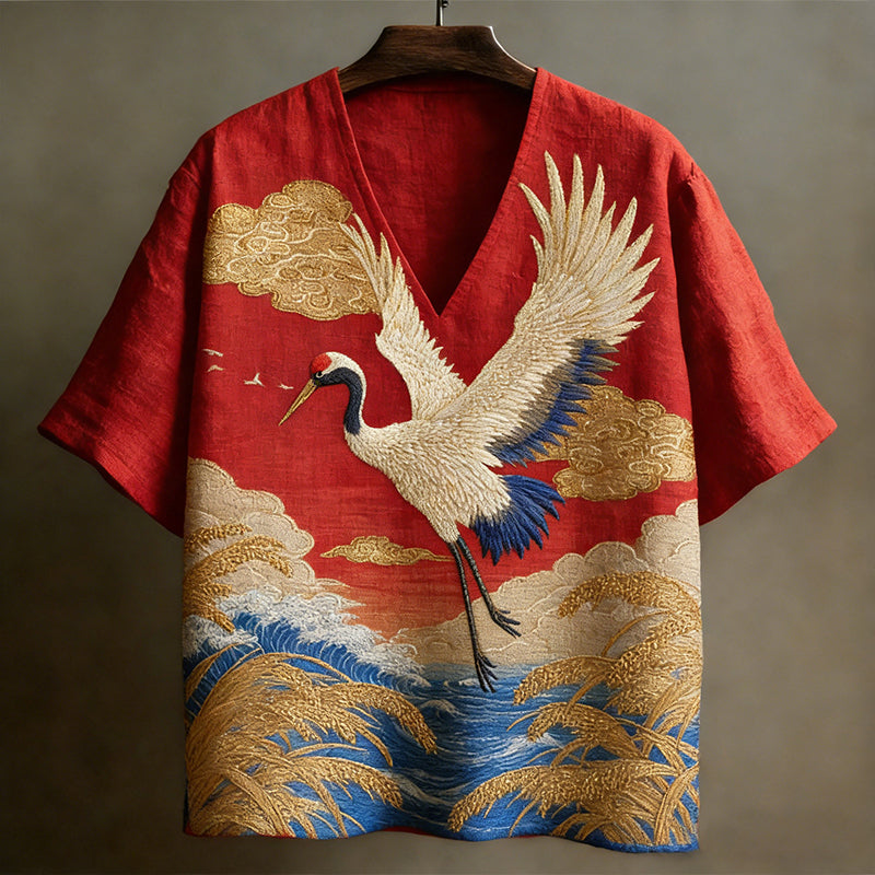 Men's Japanese Crane Pattern Linen Short-sleeve V-neck Shirt