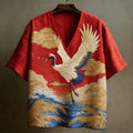 Men's Japanese Crane Pattern Linen Short-sleeve V-neck Shirt