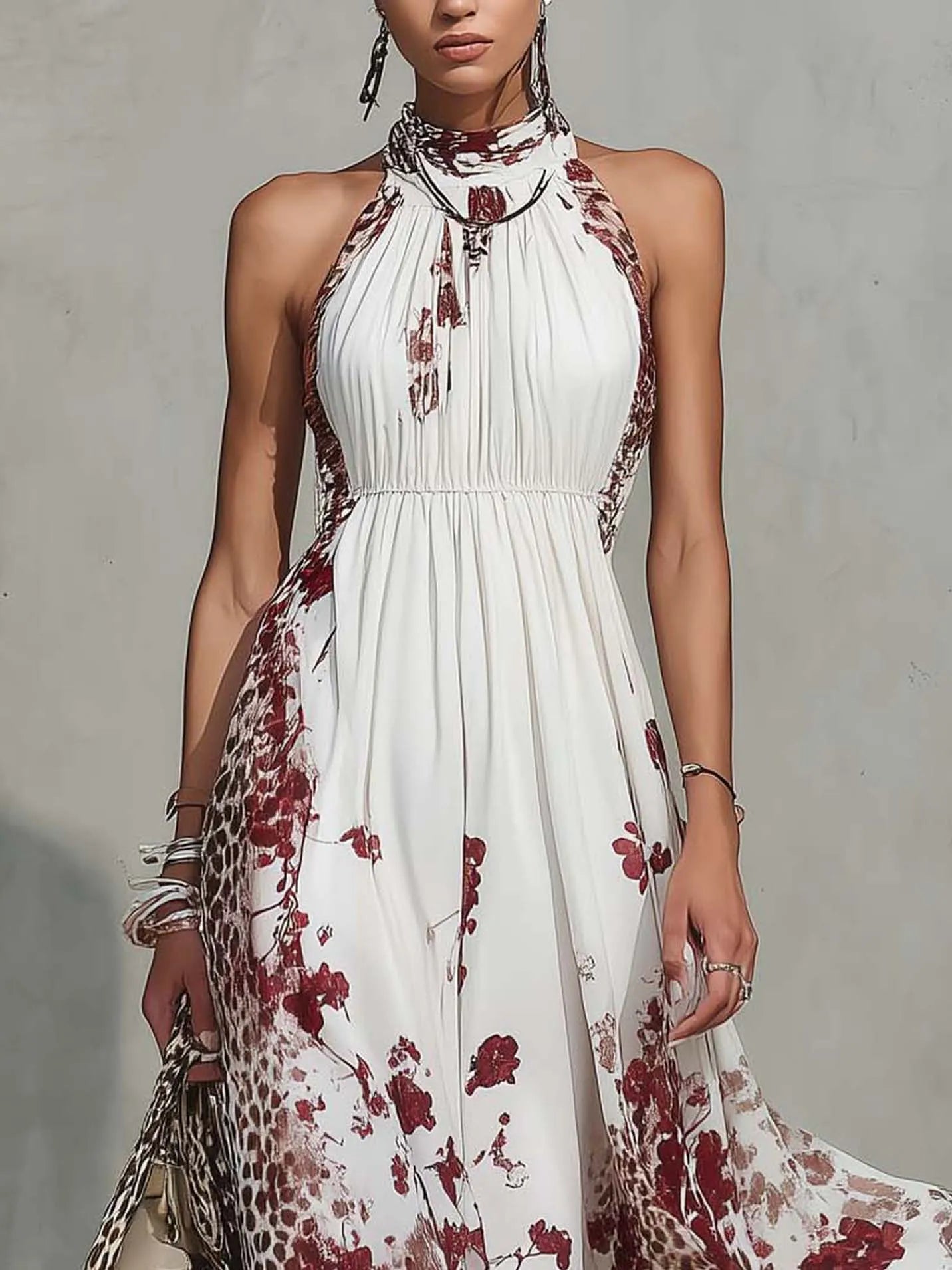 White Floral And Leopard Print Chiffon Halter Maxi Dress
