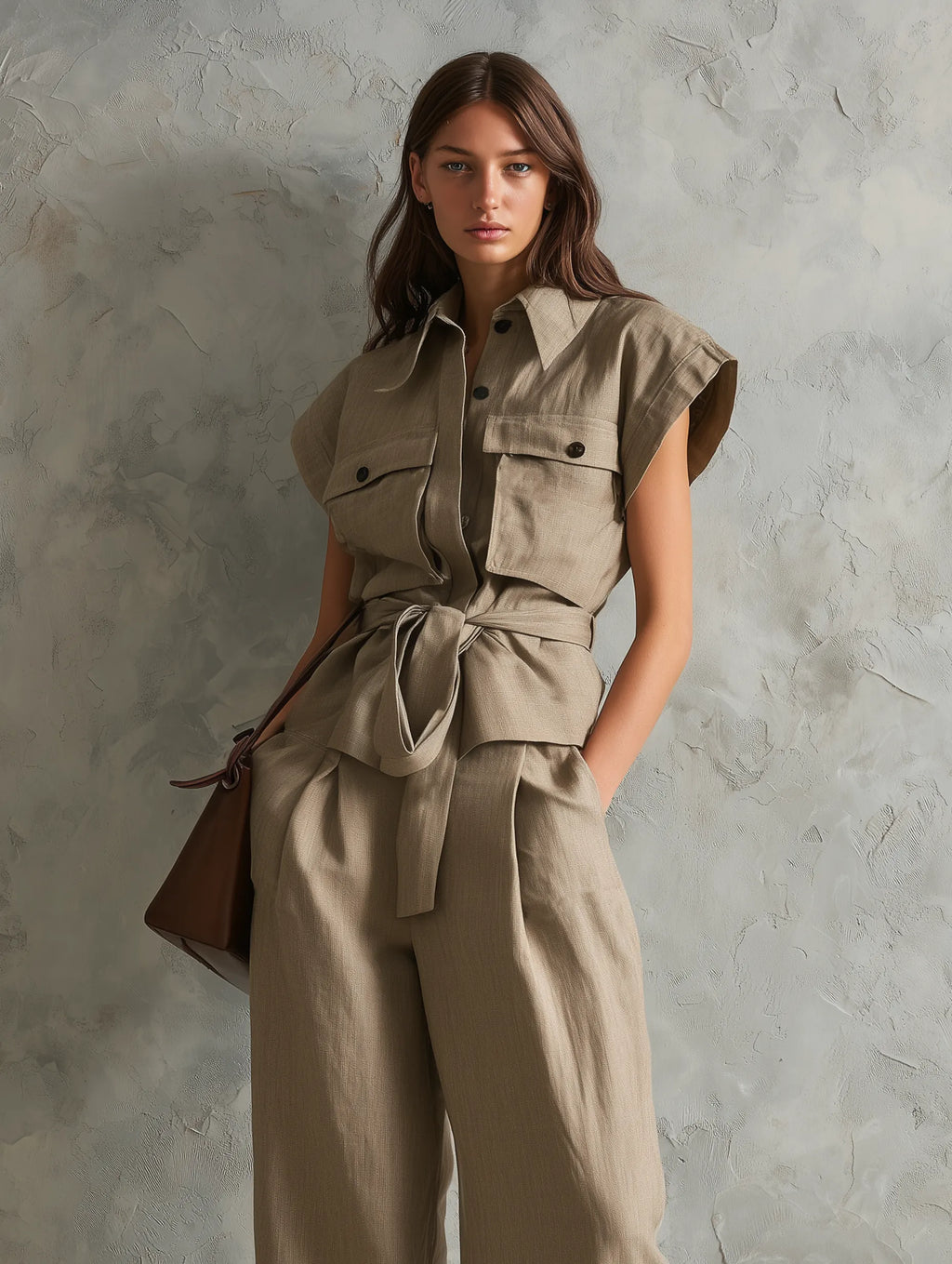 Women's Casual Khaki Cotton-linen Short-sleeved Top And Trousers Set MDZ0788G9LXY