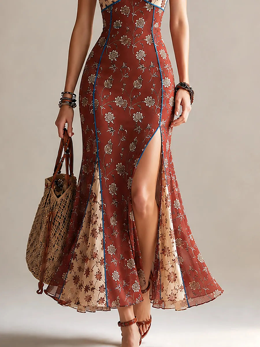 Elegant Printed Chiffon High-slit Mermaid Camisole Maxi Dress