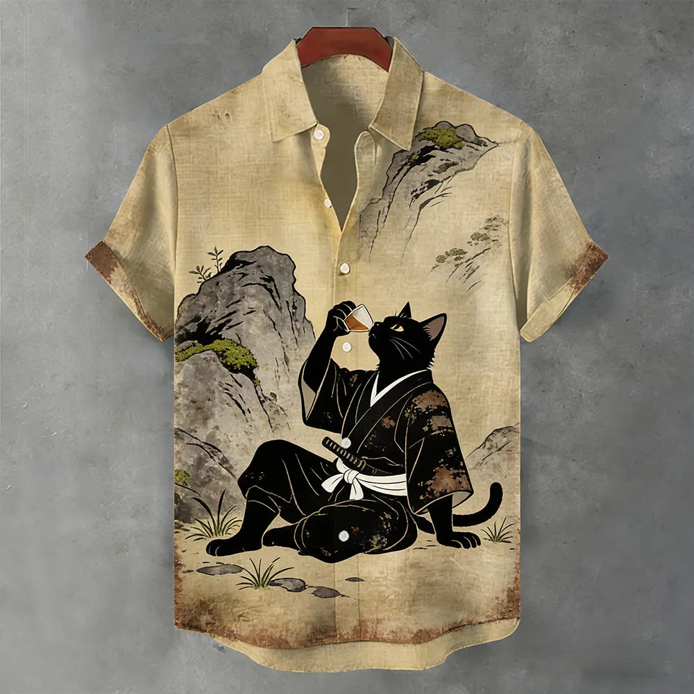 Men's Landscape Drinking Samurai Way Cat Short Sleeve Shirt