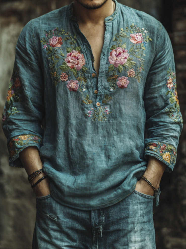 Men's Vintage Floral Embroidered Comfy Linen Shirt