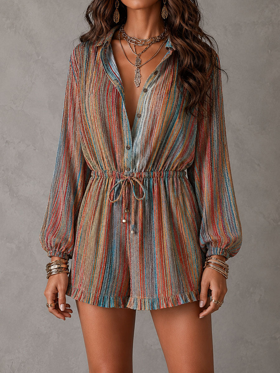 Boho Rainbow Stripe Cotton Linen Blend Drawstring Waist Romper