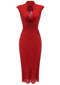 Floral Detail Sparkly Midi Dress Red