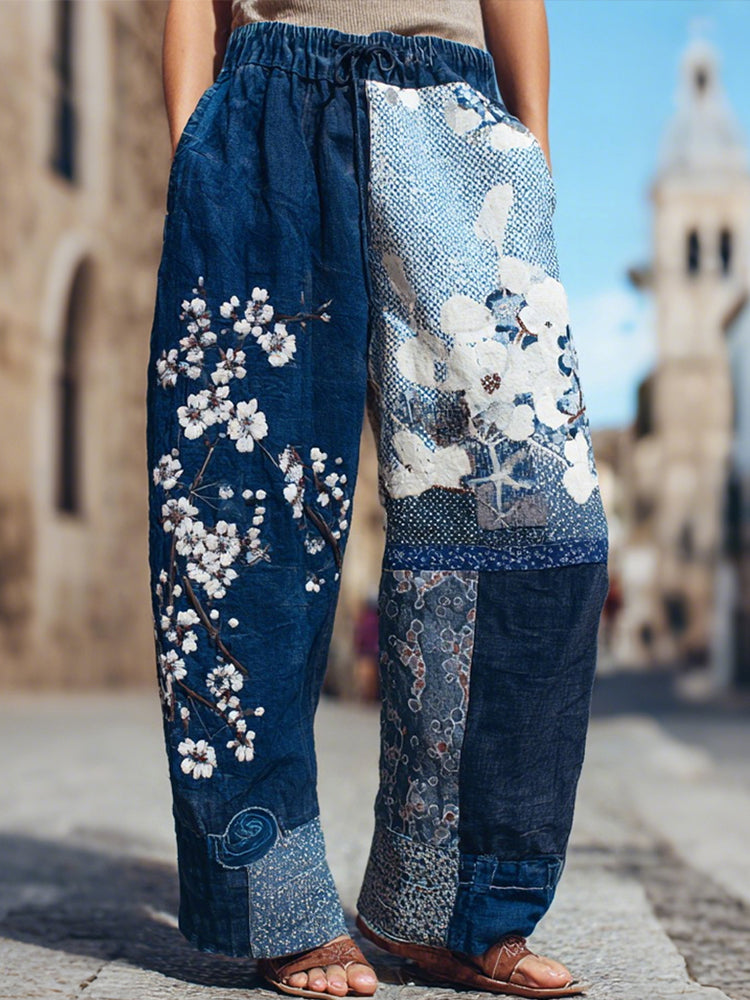 Women's Japanese Sashiko And Floral Pattern Linen Pants