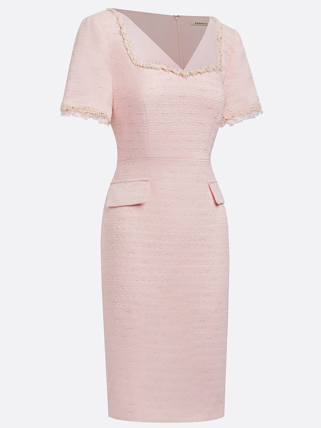 Pink Tweed Sweetheart Neckline Short Sleeve Sheath Midi Dress
