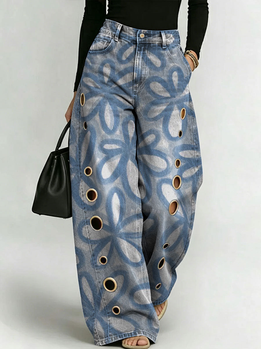 Women's Retro Pattern Printed Stylish Cutout Casual Denim Jeans
