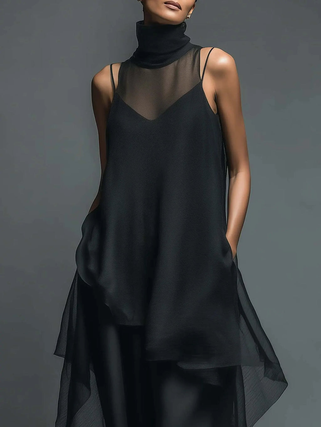 Momocco Avant-Garde 2-Piece Set - Sheer Mesh Layered Chiffon Maxi Dress in Midnight Black