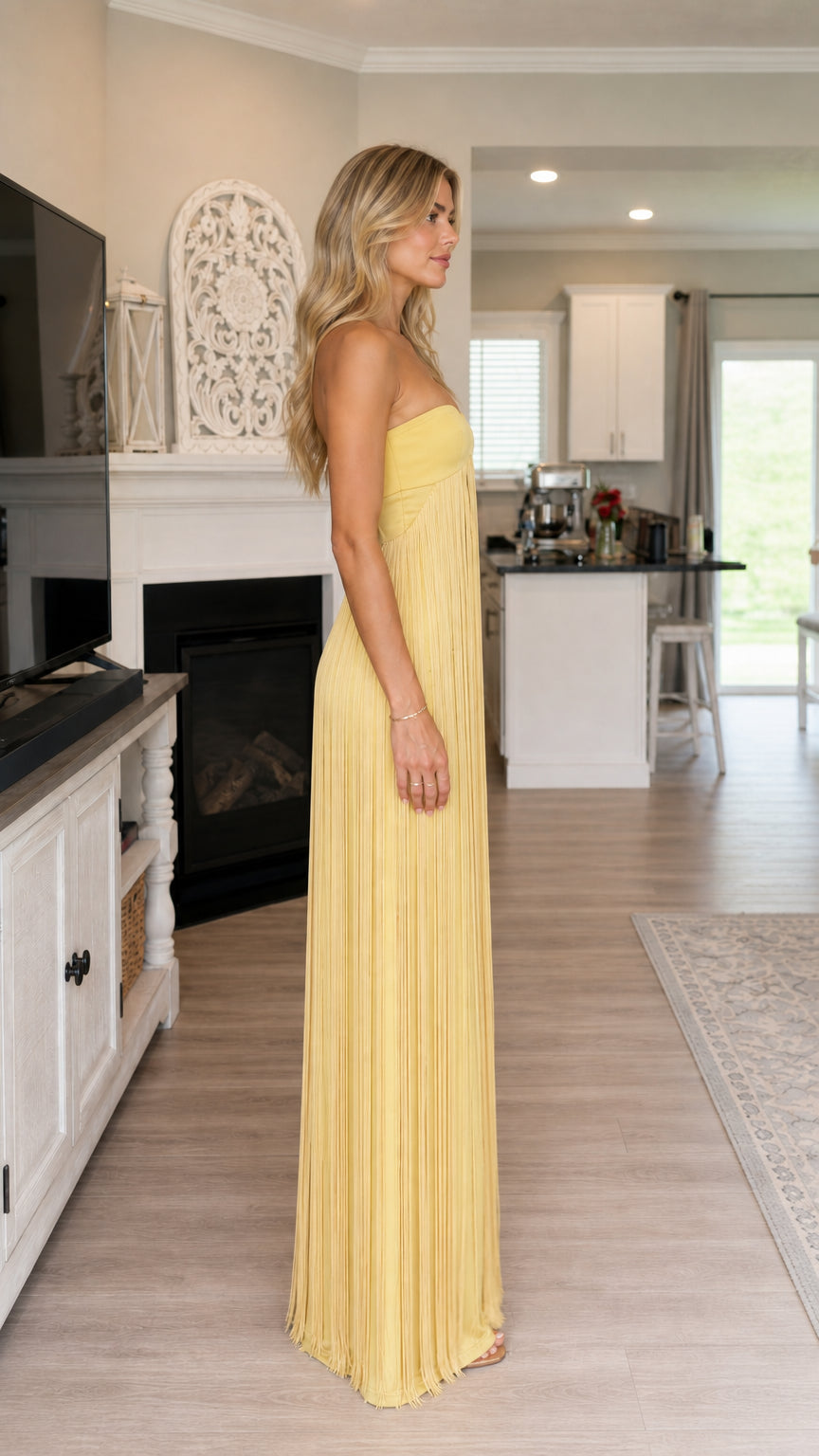Strapless Fringe Cutout Maxi Dress