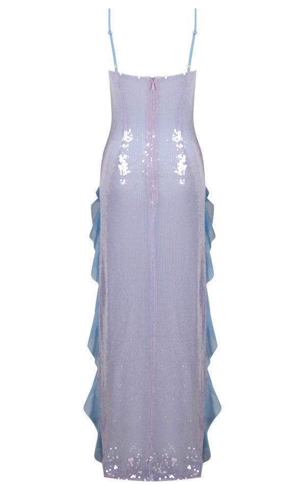 Flower Ruffle Detail Sequin Maxi Dress Silver Blue