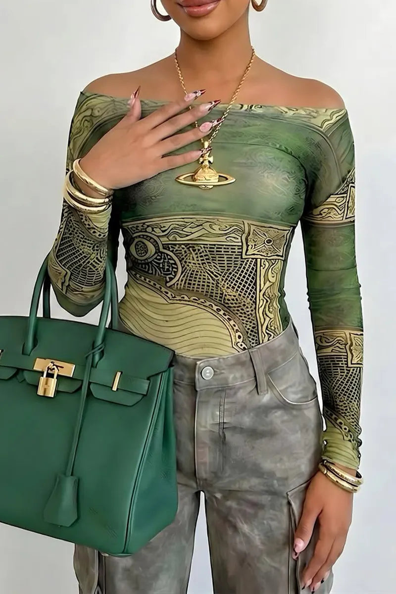 Women Casual One Collar Printed Top or Workwear Jeans