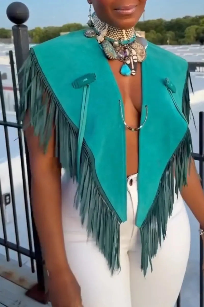 Women Sexy Temperament Spliced with Tassel Vest or Ripped Flared Jeans