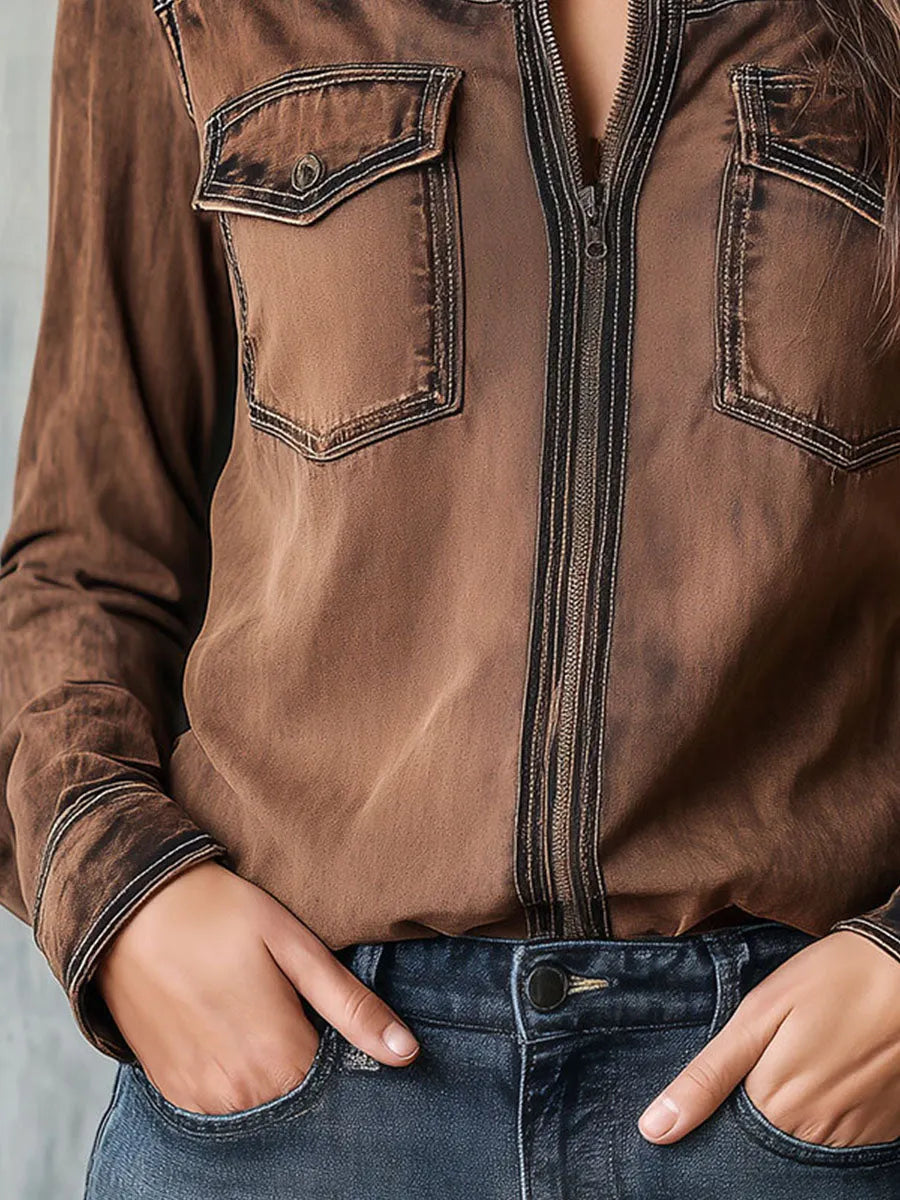 Vintage Brown Washed Contrast Stitching Utility Zip Shirt Jacket