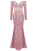 Long Sleeve Bardot Crystal Sequin Maxi Dress Pink