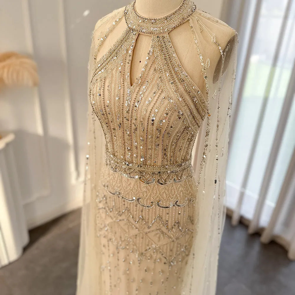 DreamyVow  Luxury Dubai Mermaid Pink Evening Dresses with Cape Sleeves 2023 Arabic Women Wedding Guest Formal Party Gowns 361