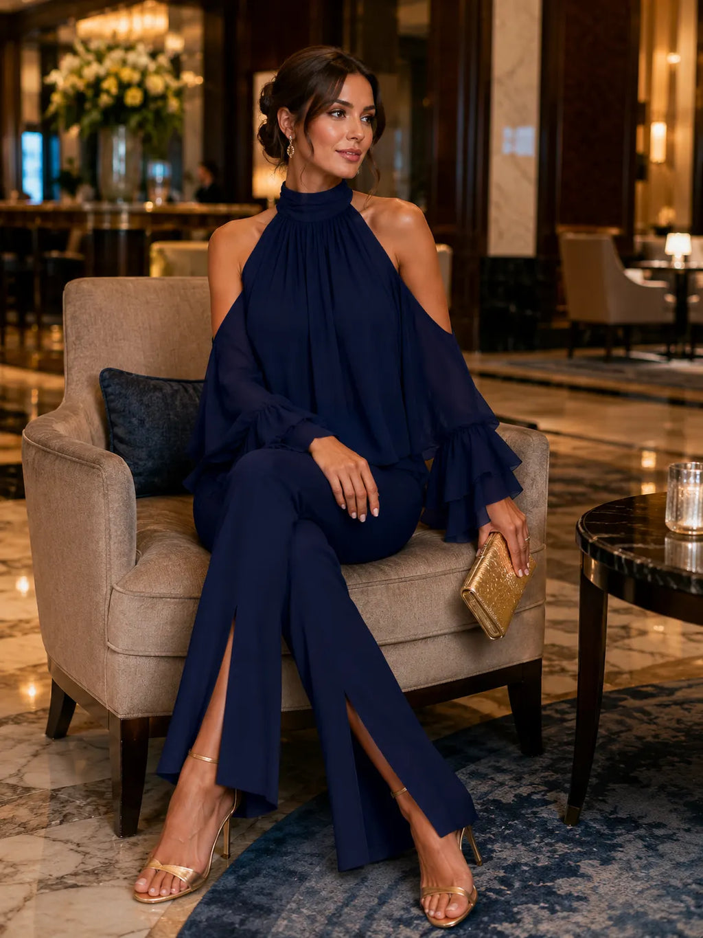 Halter Cold Shoulder Ruffle Chiffon Top & Front Slit Flare Pants Two-Piece Set