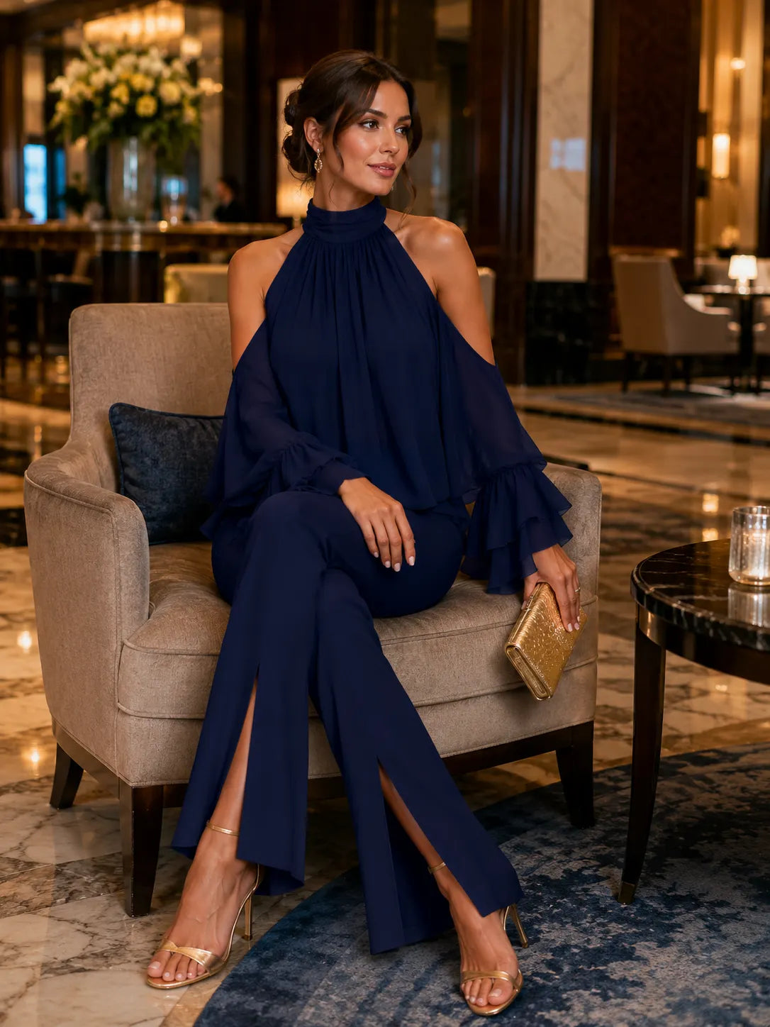 Halter Cold Shoulder Ruffle Chiffon Top & Front Slit Flare Pants Two-Piece Set