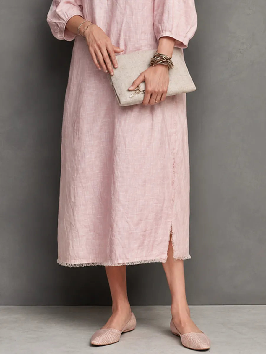 Women's Relaxed Style Light Pink Linen Cotton Stand Collar 3/4 Sleeve Fringe Slit Midi Dress MDZ0117G8GMJ