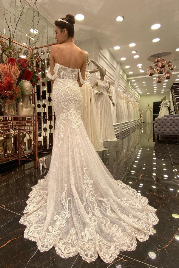 Daisda Gorgeous Long Mermaid Off-the-shoulder Wedding Dress With Tulle Lace