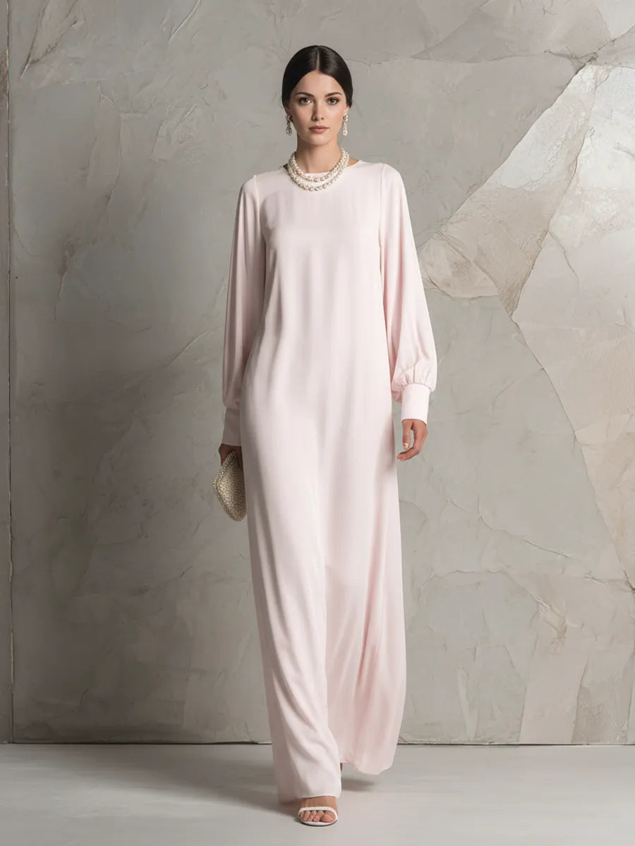 Women's Pale Pink Boat Neck Long Sleeve Open Back Maxi Dress MDZ0986C4BA