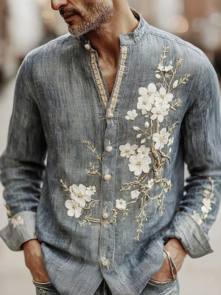 Men's Japanese-style Cherry Blossom Pattern Linen Blend Shirt