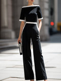 Off-Shoulder Contrast Trim Tailored Wide-Leg Jumpsuit