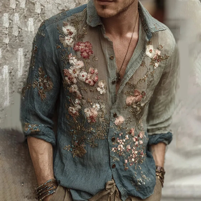 Men's Vintage Flower Embroidery Art Linen Blend Shirt