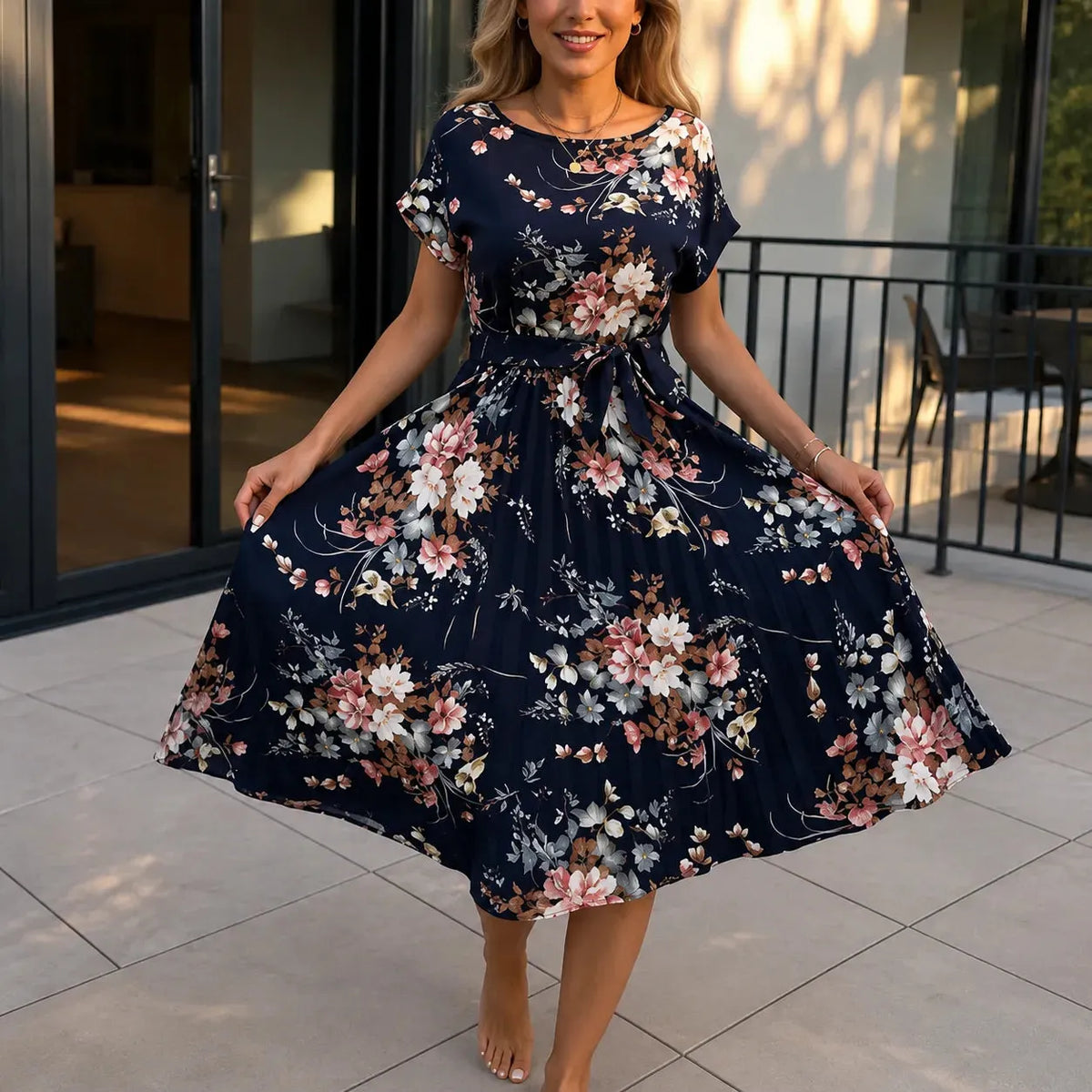 Florenza – Floral Pleated Midi Dress with Tie Waist and Flutter Sleeves