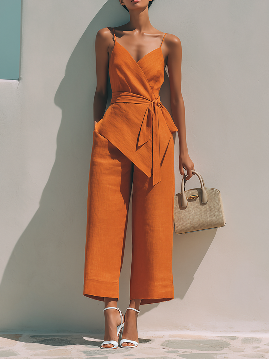 Women's Minimalist Linen-Blend Wrap-Front V-Neck Tie-Waist Sleeveless Cropped Jumpsuit MDZ2221F2ZRK