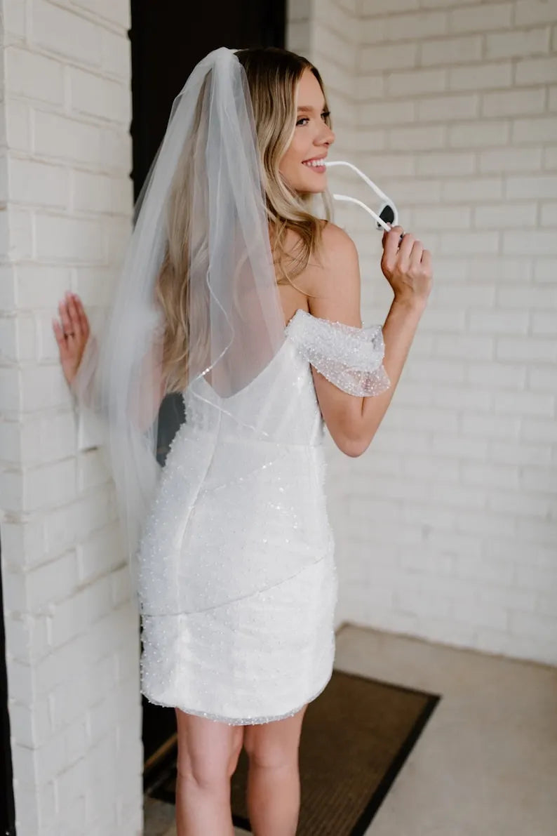 Elegant beaded off-the-shoulder short wedding dress. Sexy stylized pleated mini corset dress. Custom wedding dress, made to measure.