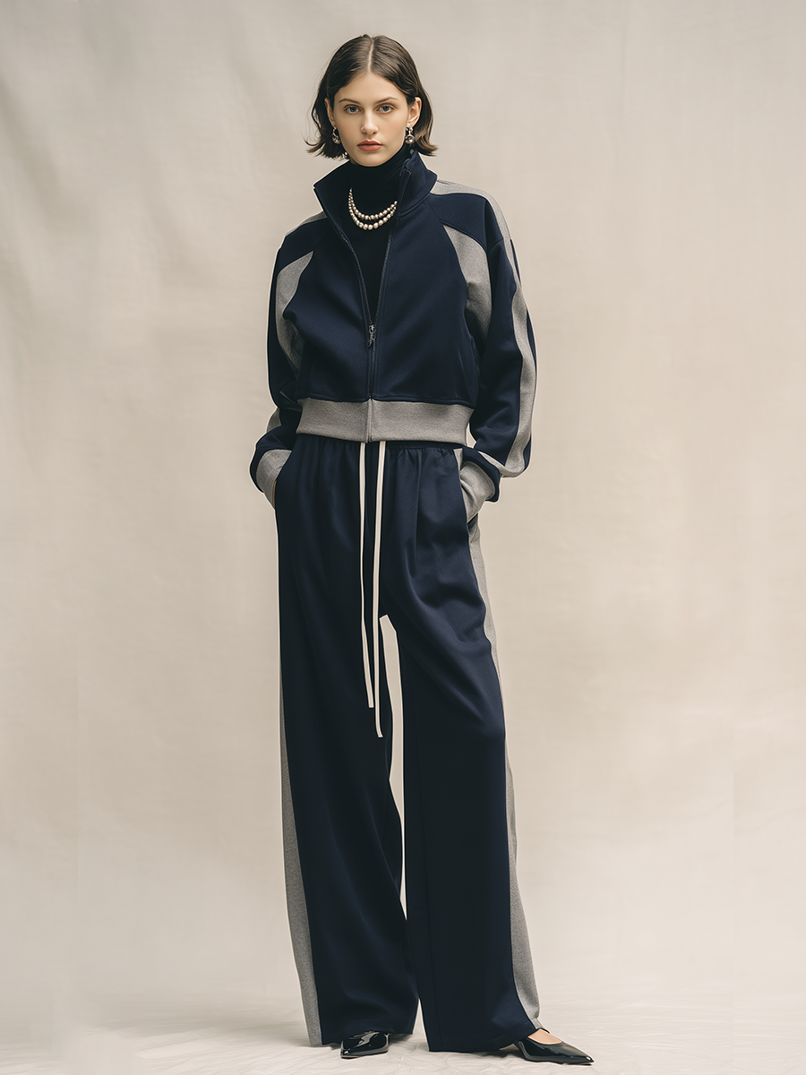 Women's Two-Tone Soft Cotton-Blend Co-Ord With Color Block Stand Collar Jacket & Side Pocket Loose Palazzo Trousers, Minimalist Athleisure Daily Two-Piece Set (Inner layer not included) MDZ1308G5LYL