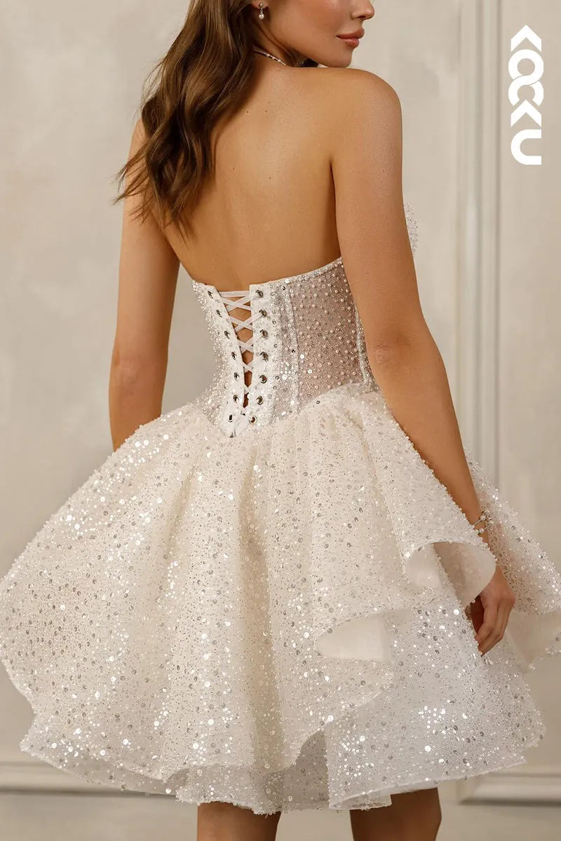 K2094 - Gorgeous & Charming Square Short Sleeves A-Line Sparkly Mini Wedding Dress