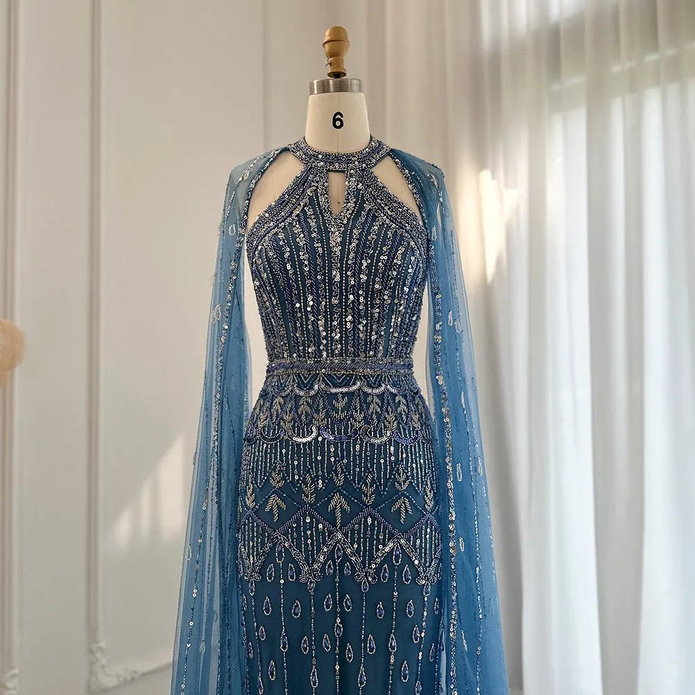 DreamyVow  Luxury Dubai Mermaid Pink Evening Dresses with Cape Sleeves 2023 Arabic Women Wedding Guest Formal Party Gowns 361