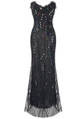 Strapless Floral Crystal Sequin Maxi Dress Black