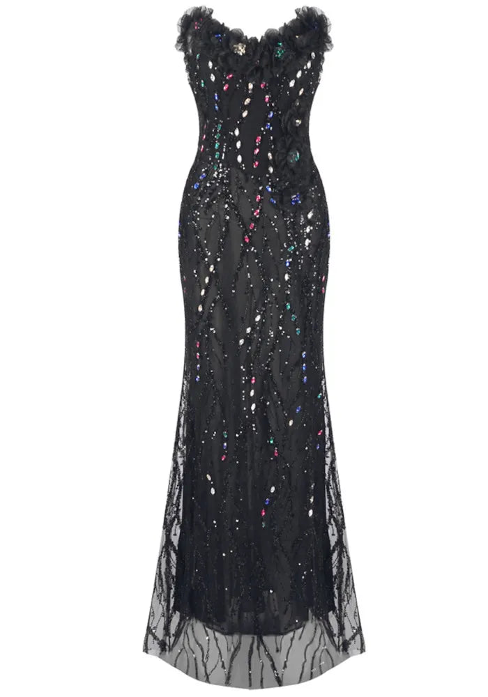 Strapless Floral Crystal Sequin Maxi Dress Black