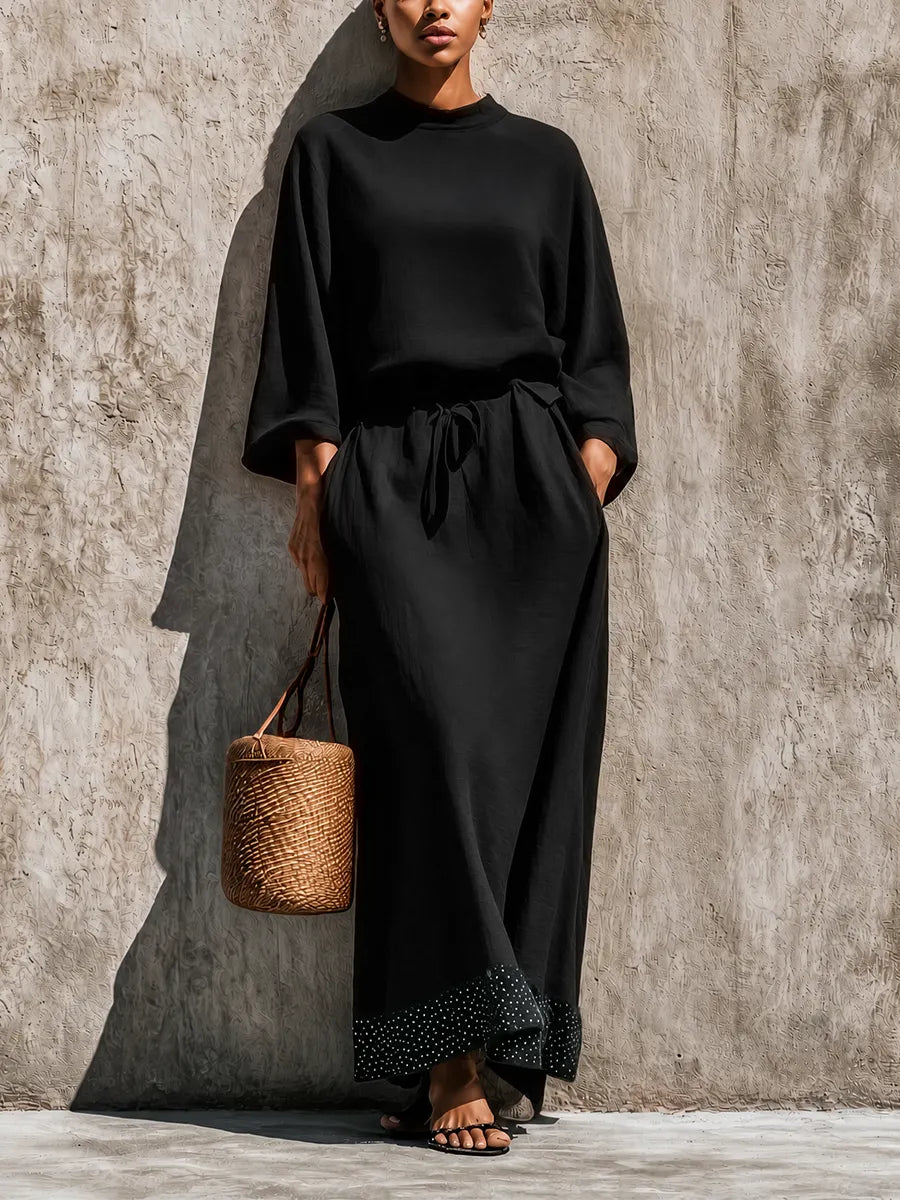 Women's Solid Black Linen Blend High Neck Loose Top Matching Wide Leg Polka Dot Trim Maxi Skirt Two Piece Set MDZ0975G7YZJ