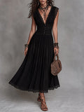 Retro Lace-Trimmed Button-Embellished Pleated Maxi Dress