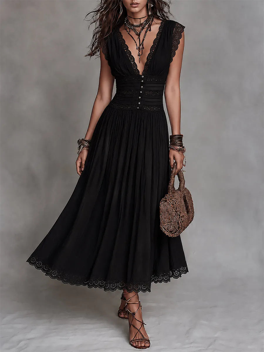 Retro Lace-Trimmed Button-Embellished Pleated Maxi Dress