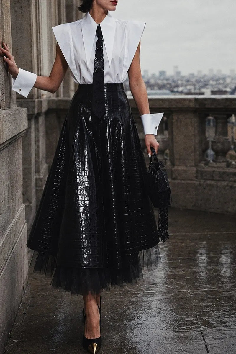Women's Fashion Wide Shoulder Shirts & Leather Mesh Panel Skirt