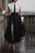 Women's Fashion Wide Shoulder Shirts & Leather Mesh Panel Skirt